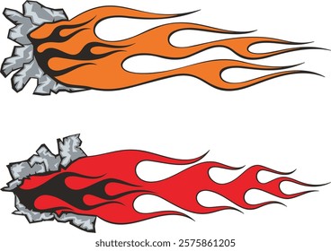 Non-AI vector ripped open flames for vehicle vinyl decals and wraps. Human-made ready-to-cut graphics, great for cars, off road and sport vehicles, hot rod automobiles, ATVs, trucks, motors and bikes.