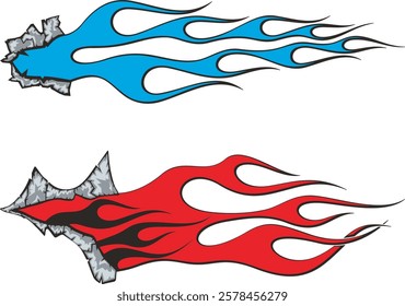 Non-AI vector ripped open flames for vehicle vinyl decals and wraps. Human-made ready-to-cut graphics, great for cars, off road and sport vehicles, hot rod automobiles, ATVs, trucks, motors and bikes.