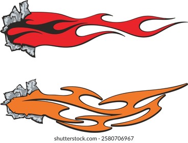 Non-AI vector ripped open flames for vehicle vinyl decals and wraps. Human-made ready-to-cut graphics, great for cars, off road and sport vehicles, hot rod automobiles, ATVs, trucks, motors and bikes.