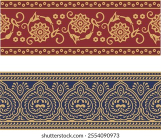 Non-AI vector seamless floral ethnic friezes. Human made ornamental motifs in Eastern, Arabic, Oriental style. Retro wedding backgrounds, page decorations, damask, carpet, tile, embroidery patterns.