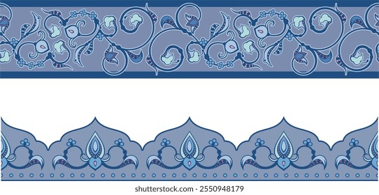 Non-AI vector set of ornamental friezes in Oriental and Turkish style. Human made decorative border designs, page decorations for greeting cards and wedding invitations, damask designs.