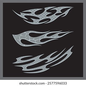 Non-AI vector silver colored textured flames for vehicle vinyl decals and wraps over black background. Human made graphics for racing cars, hot rod and off-road vehicles,  ATVs, motors, T-shirts.