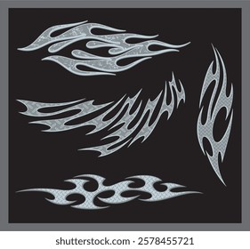 Non-AI vector silver colored textured flames for vehicle vinyl decals and wraps over black background. Human made graphics for racing cars, hot rod and off-road vehicles,  ATVs, motors, T-shirts.