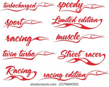 Non-AI vector word flame designs set for racing and hot rod vehicle vinyl decals. Human made ready-to-cut decorative graphics, great for sport cars, ATVs, off-road vehicles, trucks, motors and bikes.