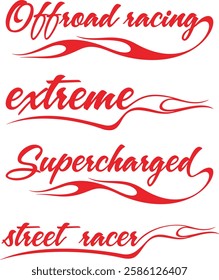 Non-AI vector word flame designs set for racing and hot rod vehicle vinyl decals. Human made ready-to-cut decorative graphics, great for sport cars, ATVs, off-road vehicles, trucks, motors and bikes.