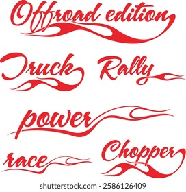 Non-AI vector word flame designs set for racing and hot rod vehicle vinyl decals. Human made ready-to-cut decorative graphics, great for sport cars, ATVs, off-road vehicles, trucks, motors and bikes.