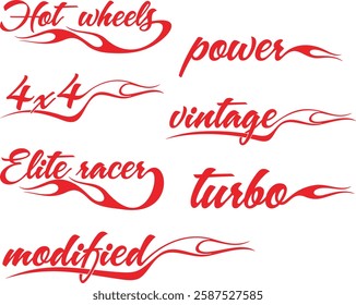 Non-AI vector word flame designs set for racing and hot rod vehicle vinyl decals. Human made ready-to-cut decorative graphics, great for sport cars, ATVs, off-road vehicles, trucks, motors and bikes.