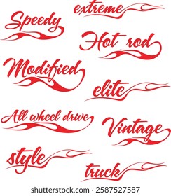 Non-AI vector word flame designs set for racing and hot rod vehicle vinyl decals. Human made ready-to-cut decorative graphics, great for sport cars, ATVs, off-road vehicles, trucks, motors and bikes.