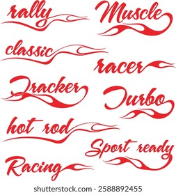 Non-AI vector word flame designs set for racing and hot rod vehicle vinyl decals. Human made ready-to-cut decorative graphics, great for sport cars, ATVs, off-road vehicles, trucks, motors and bikes.