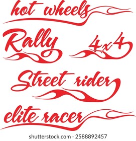 Non-AI vector word flame designs set for racing and hot rod vehicle vinyl decals. Human made ready-to-cut decorative graphics, great for sport cars, ATVs, off-road vehicles, trucks, motors and bikes.