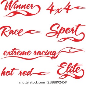 Non-AI vector word flame designs set for racing and hot rod vehicle vinyl decals. Human made ready-to-cut decorative graphics, great for sport cars, ATVs, off-road vehicles, trucks, motors and bikes.