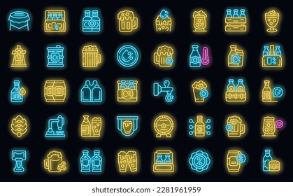 Nonalcoholic beer icons set outline vector. Can bottle. Drink beverage neon color on black isolated