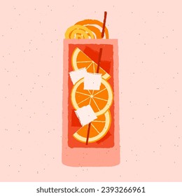 Non-alcoholic cocktail glass. Cold alcohol drink with orange and ice cubes. Tall glass for liquid with citrus. Mocktail in Collin Highball glass. Vector illustration with texture. Red beverage for bar