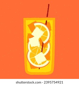 Non-alcoholic cocktail glass. Cold alcohol drink with orange and ice cubes. Tall glass for liquid with citrus. Mocktail in Collin Highball glass. Vector with texture. Orange beverage for bar