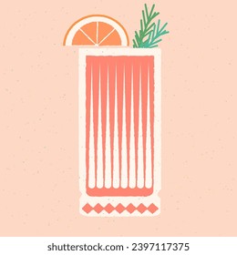 Non-alcoholic cocktail glass. Cold alcohol drink with grapefruit and rosemary. Tall glass for liquid with citrus. Mocktail in Collin, Highball glass. Vector with texture. Pink refreshing drink