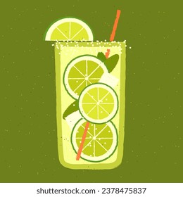 Non-alcoholic cocktail with lime. Refreshing liquid with mint and ice cubes. Vector illustration with texture and noise in retro style. Tall glass mocktail with straw. Alcoholic lime cocktail