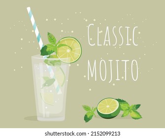 Non-alcoholic Cocktail Mojito With Ingredients For Its Preparation And Text On Green Background. Lime Lemon And Mint Beverage