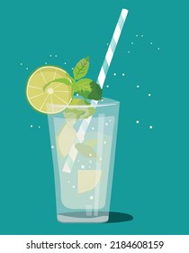 Non-alcoholic cocktail mojito with ingredients for its preparation and text on green background. Lime lemon and mint beverage