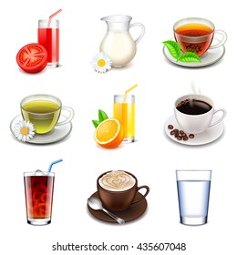 Non-alcoholic drinks icons detailed photo realistic vector set