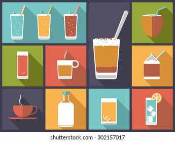 Non-alcoholic drinks vector illustration. Horizontal flat design illustration with a variety of soft drinks and non-alcoholic beverages