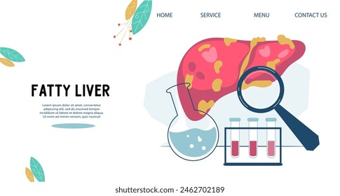 Non-alcoholic fatty liver disease or NAFLD web banner, flat vector illustration isolated on white background. Liver health checkup medical concept for website.