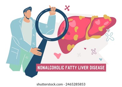 Non-alcoholic fatty liver disease or NAFLD banner for website or presentation, flat vector illustration isolated on white background. Non alcoholic steatohepatitis disease .