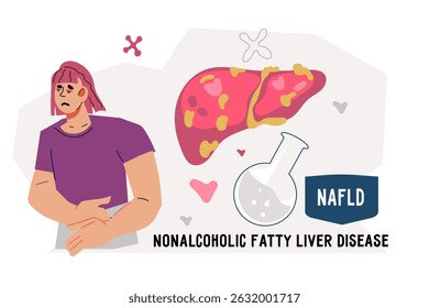 Non-alcoholic fatty liver disease NAFLD causes, symptoms, and treatment options. Banner template for Fatty liver disease, nonalcoholic steatohepatitis concept, vector illustration isolated on white.