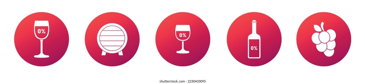 Non-alcoholic red wine circular icon set, dealcoholized booze beverage concept, grape brewing flat style vector icons, wine booze emblems, brew barrel, drinking glass symbols isolated on background