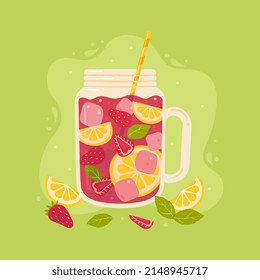 Non-alcoholic summer drink. Strawberry mojito. Colorful vector illustration with whole strawberries, mint leaves, strawberry slices, and lemon slices.