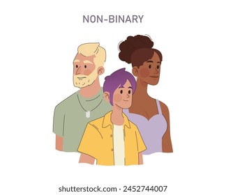 Non-Binary concept. A warm illustration showing the confidence and solidarity of non-binary individuals united in their diversity. Celebrating gender inclusivity.