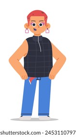 Non-binary confident cartoon person with red modern haircut. Cartoon vector character