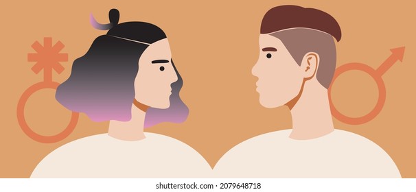 Non-binary couple. Flat vector stock illustration. A man and a genderqueer persona as a couple. Concept for different couples for February 14th. non-binary relationships. Isolated illustration