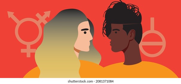 Non-binary couple. Flat vector stock illustration. Transgender person and agender person as a couple. Concept for different couples for February 14th. Non-binary relationships. Isolated illustration