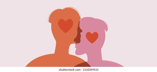 Non-binary couple hugging. Silhouette vector stock illustration. The concept of LGBTQ relationships, romance for valentine's day. Adult gay homosexuals kiss. Banner for 14 february isolated