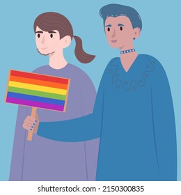 A non-binary couple of representatives of the LGBTQ+ community. Two young people are holding a banner with a rainbow flag. Gay partners. Flat vector cartoon illustration