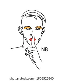Nonbinary, enby, NB person concept. Man with make up and shh gesture. Simple vector illustration, man face line art.