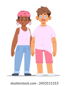 Non-binary happy couple stand together. Cartoon vector illustration on isolated background