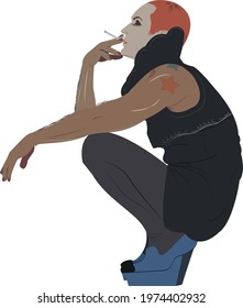 Nonbinary human with a short red hair wearing black dress and blue shoes smoking