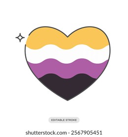 Nonbinary icon. Pride love rainbow flags. Heart shaped sticker. LGBT symbol sign.