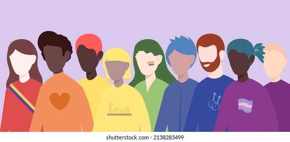  Non-binary international people: lesbians, gays, transgender people, queers and other representatives of the LGBTQ community. Pride Month.Flat vector illustration