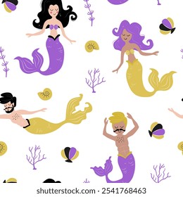 Non-binary Mermaid seamless pattern. Cute ocean theme with non-binary flag colors.