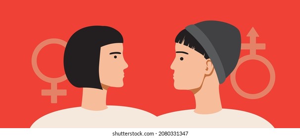 Non-binary Pair. Flat Vector Stock Illustration. Woman And Androgynous Person As A Couple. Concept For Different Couples For February 14th. Non-binary Relationships. Isolated Illustration