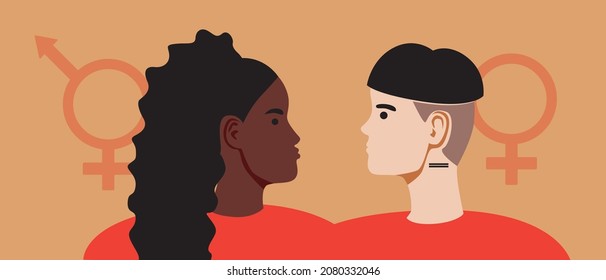 Non-binary pair. Flat vector stock illustration. Woman and bigender person as a couple. Concept for different couples for February 14th. Non-binary relationships. Isolated illustration