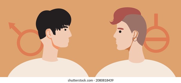 Non-binary pair. Flat vector stock illustration. A man and an agender persona as a couple. Concept for different couples for February 14th. Non-binary relationships. Isolated illustration