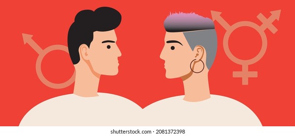 Non-binary pair. Flat vector stock illustration. Man and transgender person as a couple. Concept for different couples for February 14th. Non-binary relationships. Isolated illustration