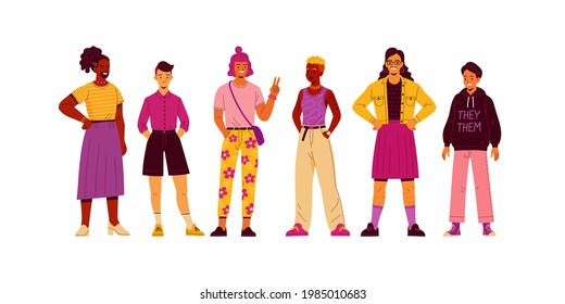 Non-binary people collection. Vector illustration of diverse cartoon young adult people without gender identity in trendy flat style. Isolated on white