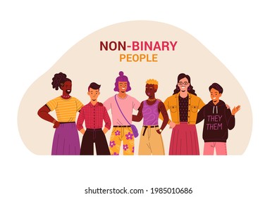 Concepto de personas no binarias. Dibujo vectorial de jóvenes adultos con caricatura diversa sin identidad de género, de pie juntos. Estilo moderno y plano. Aislado sobre blanco