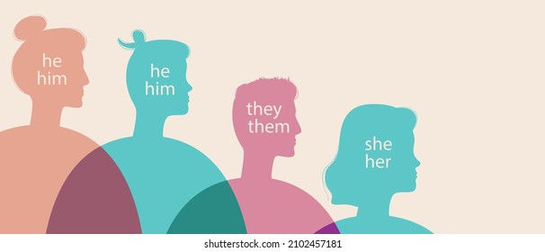 Non-binary people, copy space template. Silhouette vector stock illustration. Different gender concept. He, she, they are like gender pronouns. Different people. Flat illustration