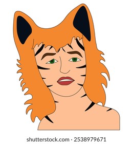 Nonbinary people portrait isolated white background. Therianthropes people. Girl in form of wild cat. Vector illustration.  EPS 10