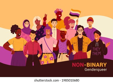 Non-binary People poster. Vector illustration of a group of diverse cartoon young adult people without gender identity in trendy flat style. Isolated on background with yellow-purple-black flag